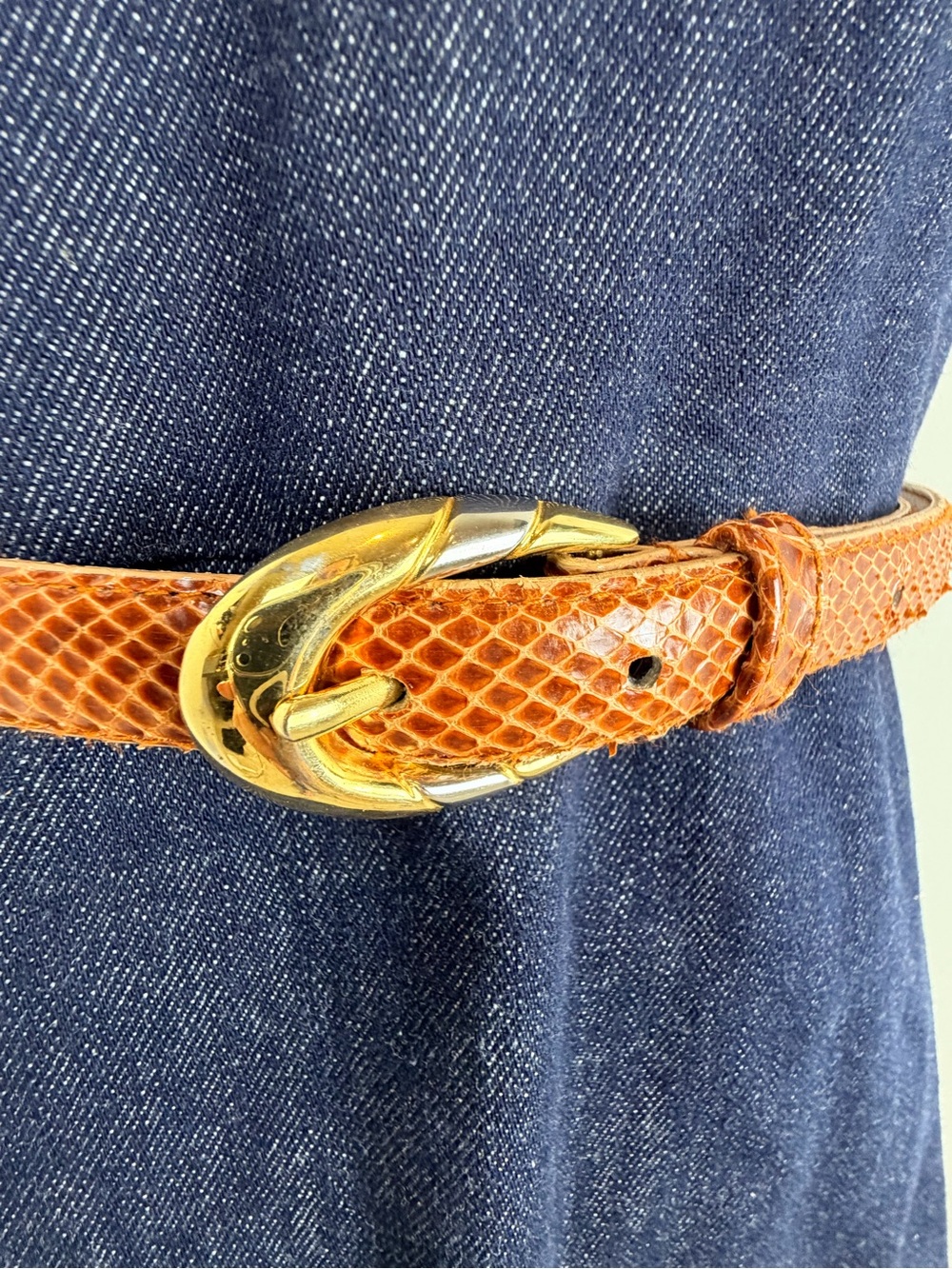 Milor Belt Genuine Snakeskin Vintage Italian Cognac Leather Gold Buckle M/L